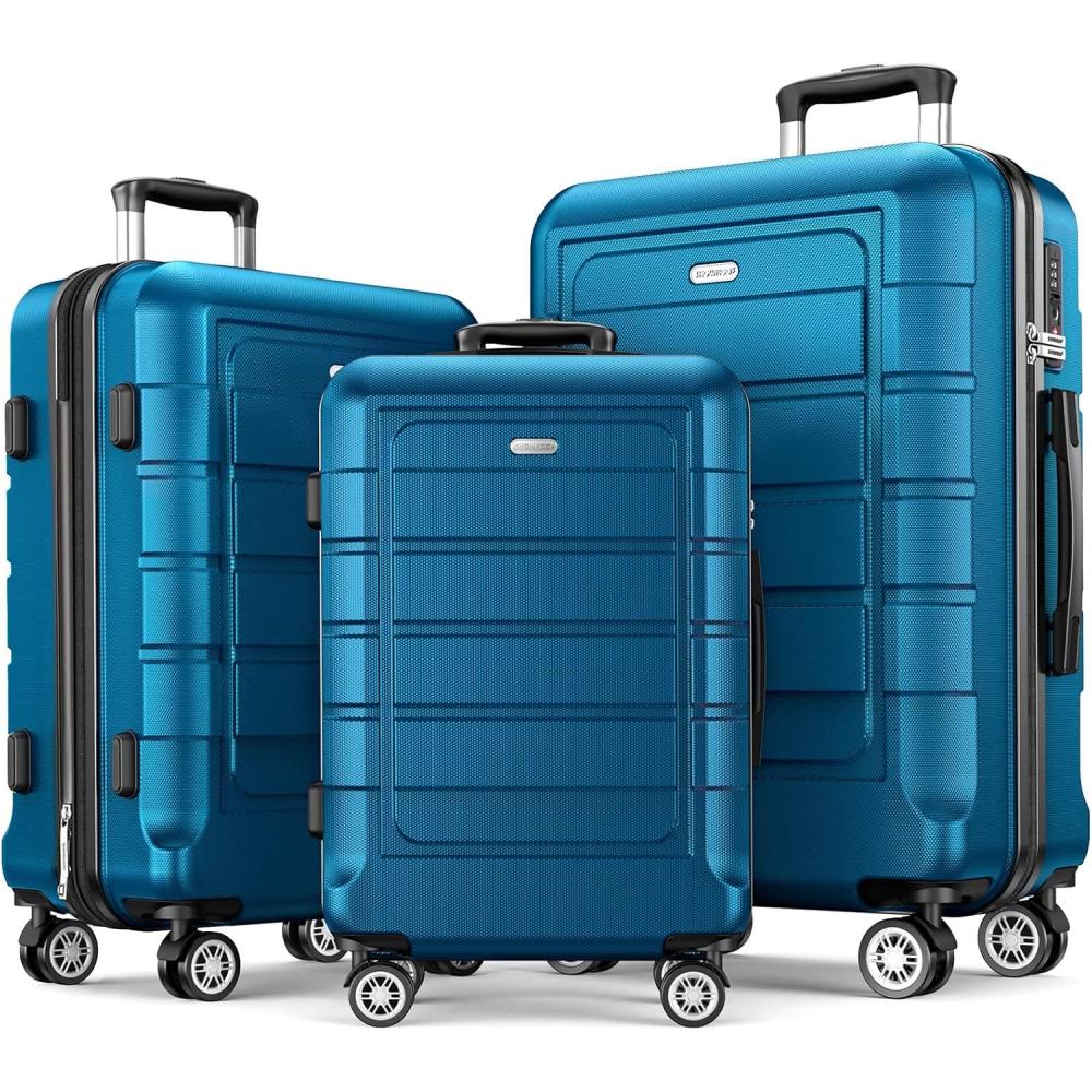imageSHOWKOO Luggage Sets Expandable PCABS Durable Suitcase Sets Double Wheels TSA Lock 4 Piece Luggage Set NavySea Blue
